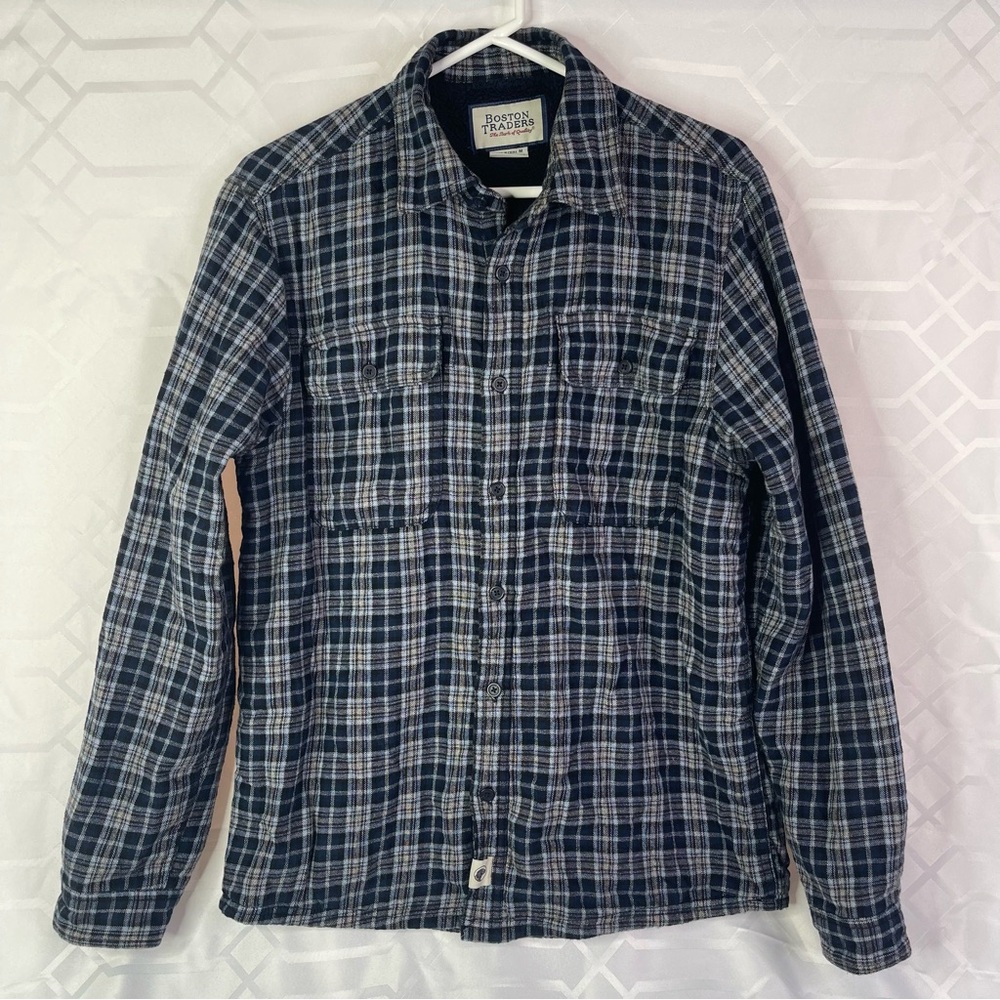 Boston Traders Navy and White Checkered Shirt Bark Of Quality 100% Cotton Size M